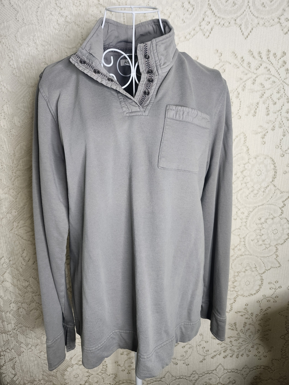 Men's Grey Long-Sleeve Pullover Shirt with Stand Collar